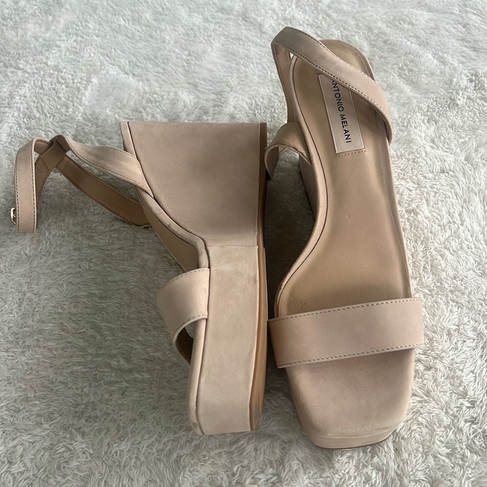Antonio Melani Sz 9 Nude Beige Leather Open Toe High 4.5” High Heel Sandals NWT - Picture 6 of 16